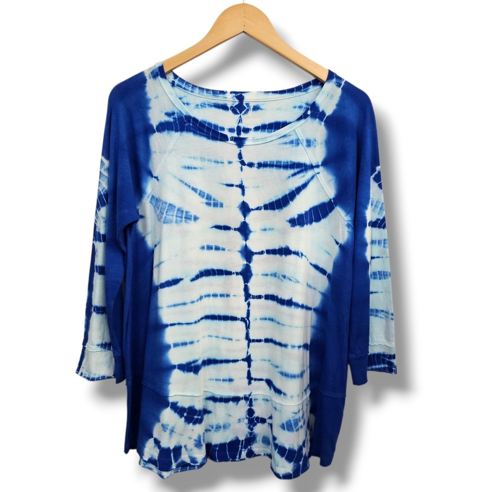 Calvin Klein Top L Womens Blue Tie Dye Performance 3/4 Sleeve Raglan Scoop Neck